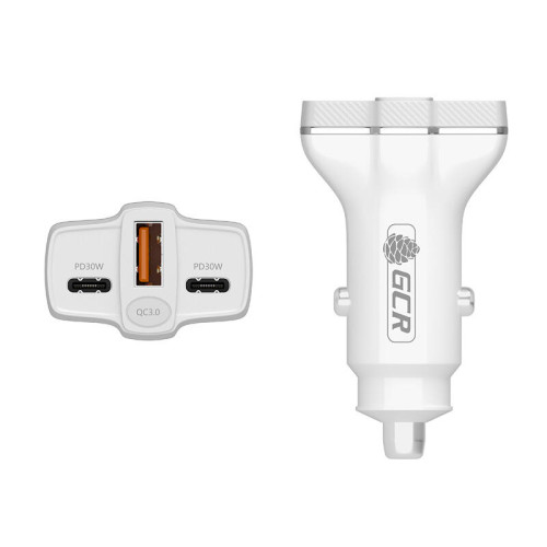 GCR PRO Автомобильное зарядное устройство 3в1, USB QC3.0 + 2 порта Type-C PD 30W, белый, GCR-56665 GCR PRO Автомобильное зарядное устройство 3в1, USB QC3.0 + 2 порта Type-C PD 30W, белый, GCR-56665
