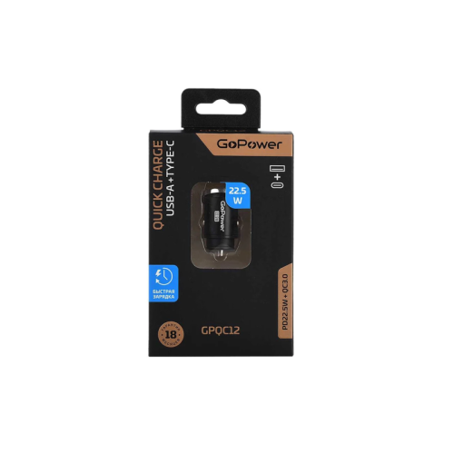 Автомобильное З/У GoPower GPQC12 1USB+1Type-C 22.5W Mini черный (1/100)