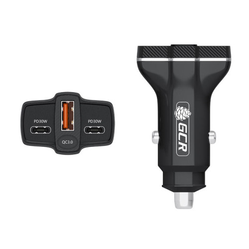 GCR PRO Автомобильное зарядное устройство 3в1, USB QC3.0 + 2 порта Type-C PD 30W, черный, GCR-56666
