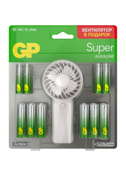 Батарея GP Super 15A/24A/FANWETA21-2CRSBC24 AA/AAA (промо:Вентилятор в подарок) (24шт) блистер
