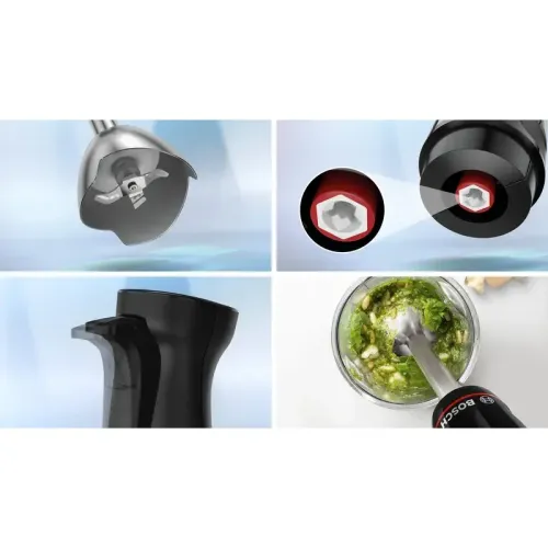 Блендер Bosch MSM4B621 Блендер Bosch, погружной, мощность 1000 Вт, механическое управление управление, нож с 3 лезвиями, венчик для взбивания, измельчитель, мерный стакан, цвет черный