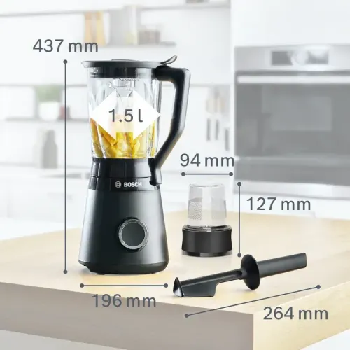 Блендер Bosch MMB6176B Блендер Bosch, стационарный, мощность 1200 Вт, поворотный переключатель, импульсный режим, 2 скорости, цвет черный/серебристый
