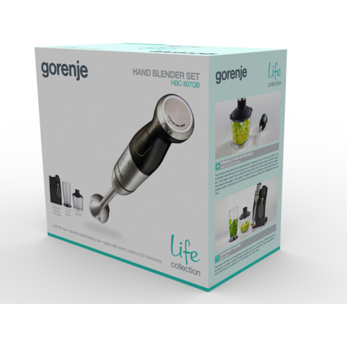 Блендер Gorenje HBC807QB Блендер Gorenje, погружной, мощность 800 Вт, регулирование скорости, импульсный режим, насадка для измельчения, взбивания, измельчитель с чашей, емкость для взбивания, подставка, цвет нержавеющая сталь/черный