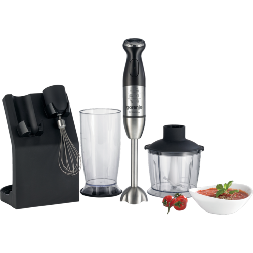 Блендер Gorenje HBC807QB Блендер Gorenje, погружной, мощность 800 Вт, регулирование скорости, импульсный режим, насадка для измельчения, взбивания, измельчитель с чашей, емкость для взбивания, подставка, цвет нержавеющая сталь/черный