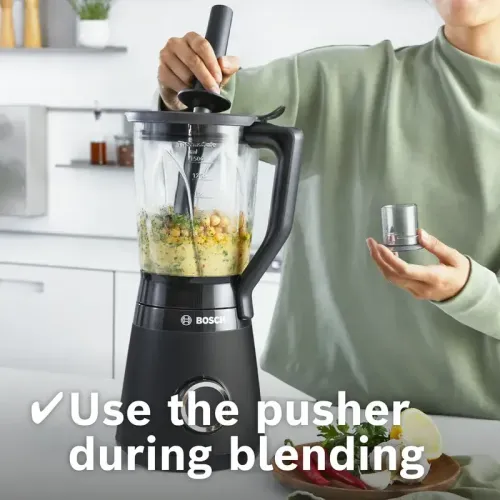 Блендер Bosch MMB6176B Блендер Bosch, стационарный, мощность 1200 Вт, поворотный переключатель, импульсный режим, 2 скорости, цвет черный/серебристый