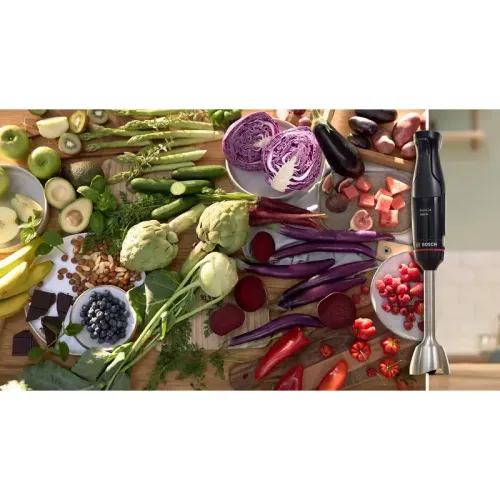 Блендер Bosch MSM4B621 Блендер Bosch, погружной, мощность 1000 Вт, механическое управление управление, нож с 3 лезвиями, венчик для взбивания, измельчитель, мерный стакан, цвет черный