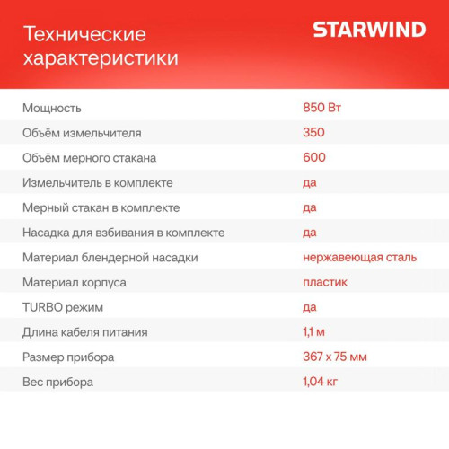 Блендер погружной Starwind SBP2200 850Вт черный/серебристый