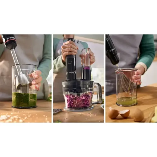 Блендер Bosch MSM4B670 Блендер Bosch, погружной, мощность 1000 Вт, механическое управление управление, нож с 4 лезвиями, 12 скоростей, турбо режим, венчик для взбивания, измельчитель, мерный стакан, многофункциональынй комбайн, цвет черный