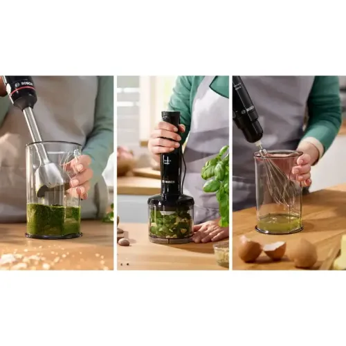 Блендер Bosch MSM4B621 Блендер Bosch, погружной, мощность 1000 Вт, механическое управление управление, нож с 3 лезвиями, венчик для взбивания, измельчитель, мерный стакан, цвет черный