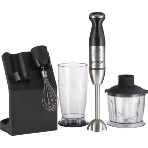Блендер Gorenje HBC807QB Блендер Gorenje, погружной, мощность 800 Вт, регулирование скорости, импульсный режим, насадка для измельчения, взбивания, измельчитель с чашей, емкость для взбивания, подставка, цвет нержавеющая сталь/черный