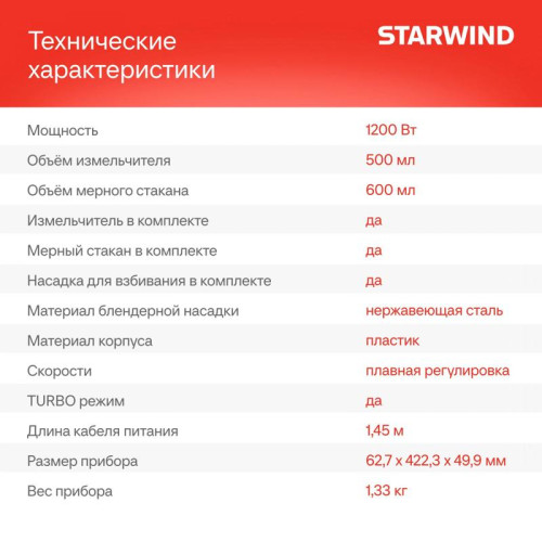 Блендер погружной Starwind SBP3242 1200Вт белый/серый