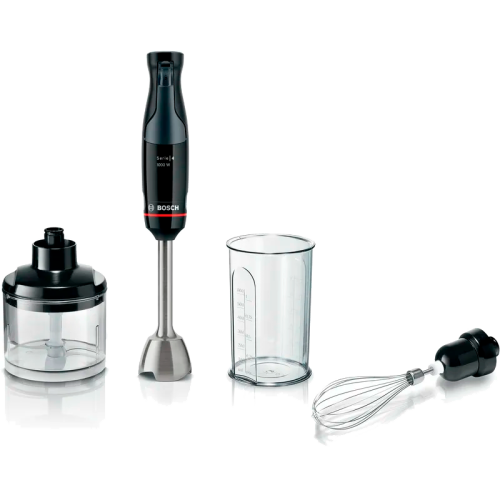 Блендер Bosch MSM4B621 Блендер Bosch, погружной, мощность 1000 Вт, механическое управление управление, нож с 3 лезвиями, венчик для взбивания, измельчитель, мерный стакан, цвет черный