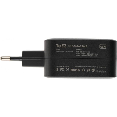 Блок питания TopON TOP-GaN-65WB автоматический 65W 5V-20V 3.25A 2xUSB от бытовой электросети LED индикатор Блок питания TopON TOP-GaN-65WB автоматический 65W 5V-20V 3.25A 2xUSB от бытовой электросети LED индикатор