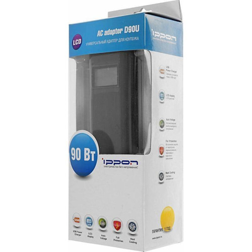 Блок питания Ippon D90U автоматический 90W 15V-19.5V 8-connectors 4.5A 1xUSB 2.1A от бытовой электросети LСD индикатор