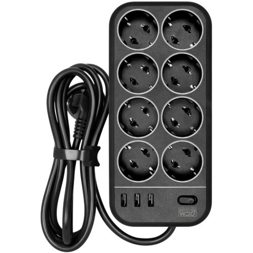 Фильтр-удлинитель PowerCom SP-08 USB03AB 3.0M, 8 розеток, черный, 16А, 4кВт, 175Дж, 3*USB, защитные шторки, защита от КЗ, перегрузки, ВЧ и импульсных помех, кабель 3x1 мм2, ШхГхВ 230х105х45 мм, вес 0.68 кг./ Surge protector PowerCom SP-08 USB03AB 3.0M, 8 
