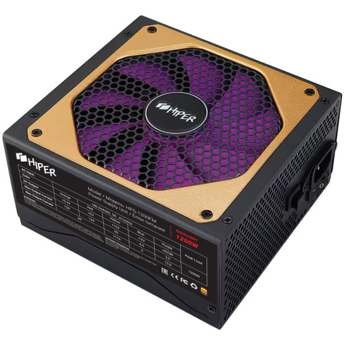 блок питания для ПК 1200 Ватт/ PSU HIPER HPG-1200FM (1200W 80+Gold, 14cm Fan, 220V input, Efficiency 90%, Modular, Black) BOX