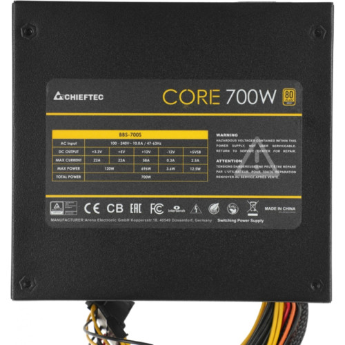 Блок питания Chieftec ATX 700W CORE BBS-700S-Bulk 80+ gold 24pin APFC 120mm fan 6xSATA [BBS-700S-BULK]