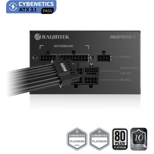 Блоки питания/ Power Supply Raijintek AMPERE II 1000, 1000W 80+ Platinum (ATX, 3.1, PCIe 5.1, Full-modular, 1x24(20+4)pin, 2x4+4-pin CPU, 3x6+2-pin PCIe, 1x12V(2x6), 10xSATA3, 5xMolex, Active, 120x120mm, 150x140x86mm, APFC, black)