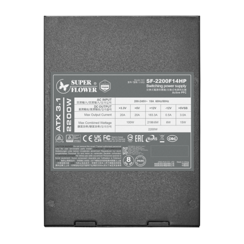 блок питания 2200 Ватт/ Power Supply Super Flower Leadex VII, 2200W, ATX, 140mm, 2x12V-2x6, 16xSATA, 2xCPU 8(4+4), 6xPCI-E(6+2), APFC, 80+ Titanium, Full Modular