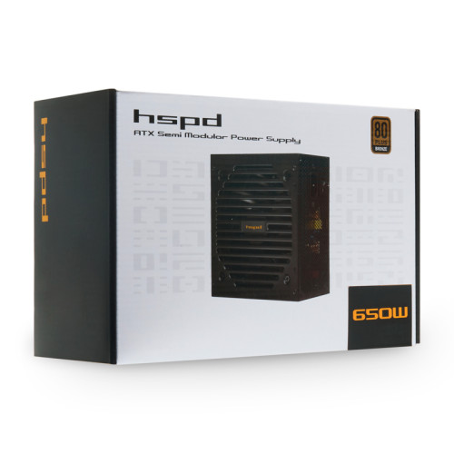 Блок питания HSPD, 650W 80+ Bronze (ATX, 2.31, Semi-modular, 1x24(20+4)pin 550mm, 1xCPU*2 8(4+4)pin 600+150mm, 1xPCIe*2 8(6+2)pin 500+150mm, 2xSATA*3 400+150+150mm, 1xMOLEX4pin*3+FDD 400+150+150+150mm , Active, 120x120mm, 150x140x86mm, APFC, OVP, UVP, SCP