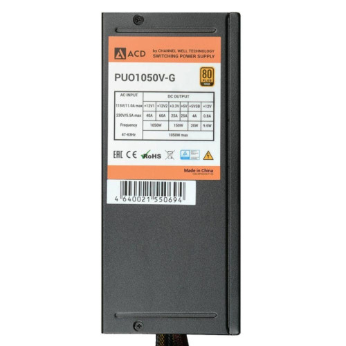 Блок питания ACD PUO1050V-G 1050W 80+ Gold, Modular, 20+4 PIN,CPU(4+4)PIN*1, CPU8PIN*1, PCI-E(6+2)P*6, HDD*5, FDD*1, SATA*12, RLT{2} (550694)