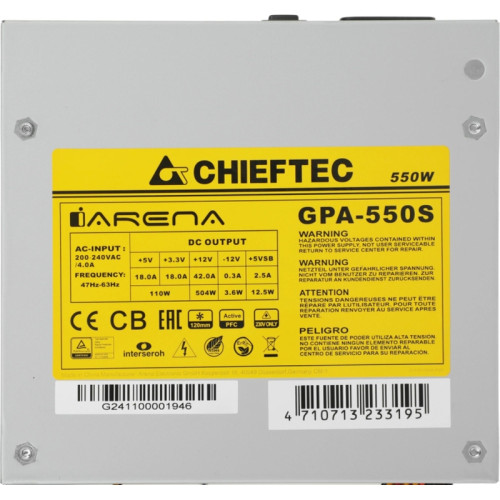 Блок питания Chieftec ATX 550W iArena GPA-550S 24pin APFC 120mm fan 4xSATA [GPA-550S]