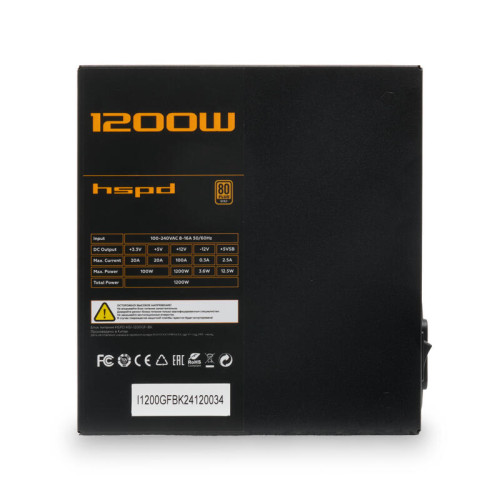 Блок питания/ Power Supply HSPD, 1200W 80+ Gold (ATX, 3.1, PCIe 5.1, Full modular, 1x24(20+4)pin 600mm, 2xCPU 8(4+4)pin 700mm, 2xPCIe*2 8(6+2)pin 550+150mm, 1x12V(2x6) 12+4pin 600W 550mm  3xSATA*3 500+150+150mm, 1xMOLEX4pin*3+FDD 500+150+150+150mm , Activ