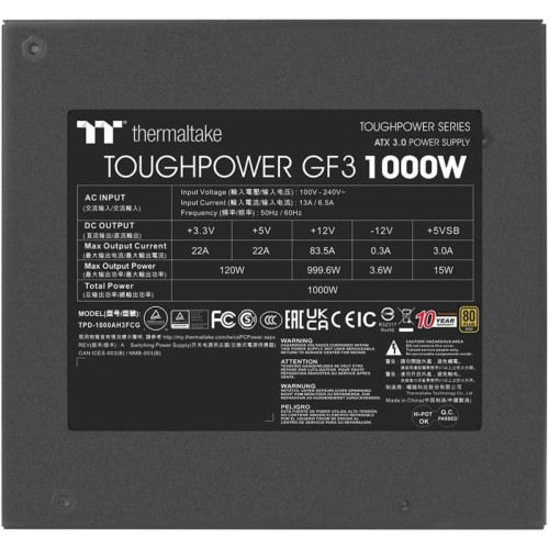 Блок питания Thermaltake ATX 1000W Toughpower GF3 Gen.5 80+ gold 24pin APFC 135mm fan 12xSATA Cab Manag RTL