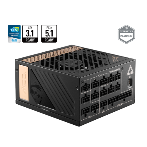 Блок питания ПК/ Power Supply MSI MEG Ai1300P PCIE5, 1300W 80+ Platinum (ATX, 3.1, PCIe 5.1, Full modular, 1x24(20+4)pin, 1xCPU 8(4+4)pin, 8xPCIe*2 8(6+2)pin, 1x12VHPWR, 16xSATA3, 4xMOLEX4pin, Active, 120x120mm, 160x150x86mm, APFC, black)