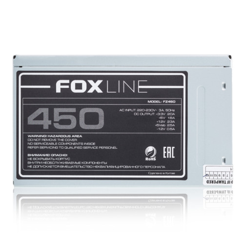 Блок питания 450Вт/ Power Supply Foxline, 450W, ATX, NOPFC, 80FAN, 2xSATA, 2xPATA, 1xFDD, 24+4