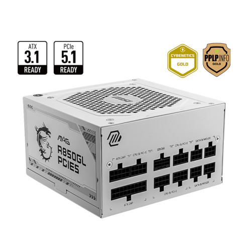 Блок питания ПК/ Power Supply MSI MAG A850GL PCIE5 WHITE, 850W 80+ Gold (ATX, 3.1, PCIe 5.1, Full modular, 1x24(20+4)pin, 2xCPU 8(4+4)pin, 4xPCIe*2 8(6+2)pin, 1x12VHPWR, 8xSATA3, 4xMOLEX4pin, Active, 120x120mm, 140x150x86mm, APFC, white)