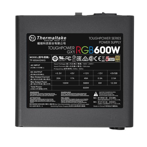 Блок питания Thermaltake ATX 600W Toughpower GX1 RGB 80+ gold (20+4pin) APFC 120mm fan color LED 8xSATA RTL [PS-TPD-0600NHFAGE-1]