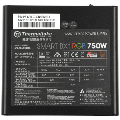 Блок питания Thermaltake ATX 750W Smart BX1 RGB 80+ bronze (20+4pin) APFC 120mm fan color LED 8xSATA RTL [PS-SPR-0750NHSABE-1]
