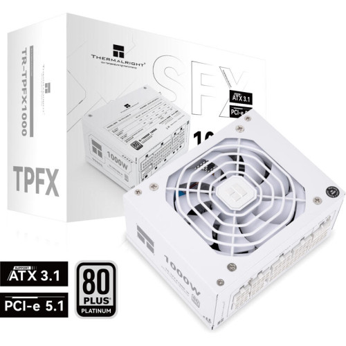 Блок питания 1000W/ Power Supply Thermalright, 1000W 80+ Platinum (SFX, 3.1, PCIe 5.1, Full modular, 1x24(20+4)pin, 1xCPU 8(4+4)pin, 2xPCIe*2 8(6+2)pin, 1x12V-2x6, 6xSATA3, 3xMOLEX4pin, Active, 92x92mm, 100x125x64mm, APFC, OPP, OVP, OTP, OCP, SCP, UVP, wh