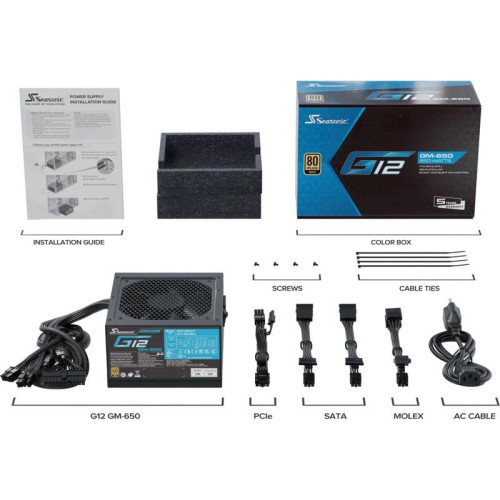 Блок питания Seasonic ATX 650W G12 GM-650 80+ gold (20+4pin) APFC 120mm fan 6xSATA RTL [G12 GM-650 SSR-650FM]