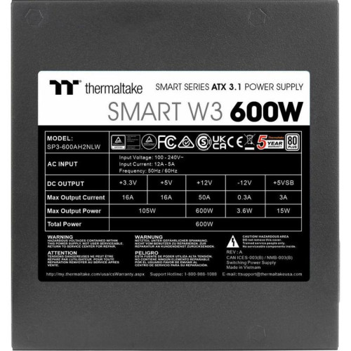 Блок питания ПК Thermaltake Smart W3 600 /Non Modular/Non Light/Full Range/Analog/80 Plus/EU/Non JP CAP/All Flat Cables/ATX 3.1