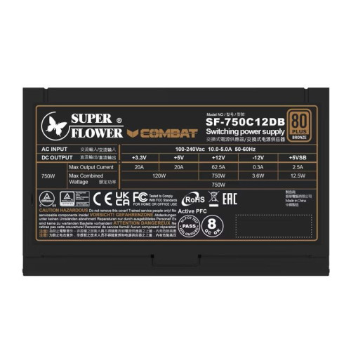 Блок питания 750Вт/ Super Flower Power Supply Combat DB ATX 3.1, 750W, ATX, 120mm, 6xSATA, 3xPCI-E(6+2), 1xPCI-E 16, APFC, 80+ Bronze, non-Modular