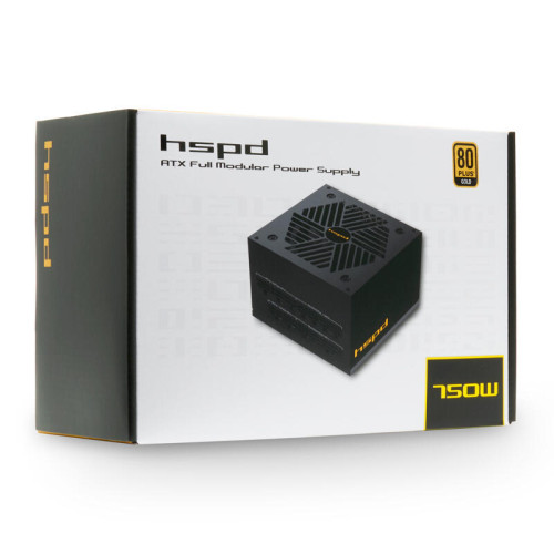 Блок питания/ HSPD, 750W 80+ Gold (ATX, 2.52, Full modular, 1x24(20+4)pin mesh 550mm, 1xCPU*2 8(4+4)pin 650+150mm, 2xPCIe*2 8(6+2)pin 500+150mm, 2xSATA*3 450+150+150mm, 1xMOLEX4pin*3 450+150+150mm , Active, 120x120mm, 150x140x86mm, APFC, OVP, UVP, SCP, OC