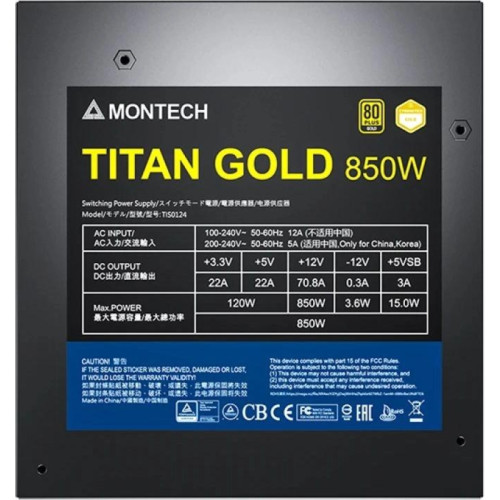 Блок питания Montech ATX 850W TITAN GOLD Gen.5 80+ gold (20+4pin) APFC 135mm fan 12xSATA Cab Manag RTL Блок питания Montech ATX 850W TITAN GOLD Gen.5 80+ gold (20+4pin) APFC 135mm fan 12xSATA Cab Manag RTL