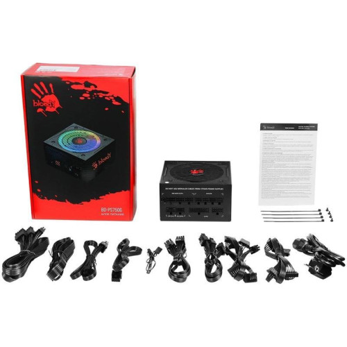 Блок питания Bloody ATX 750W BD-PS750G 80+ gold (20+4pin) APFC 120mm fan color LED 6xSATA Cab Manag RTL [BD-PS750G-MR]