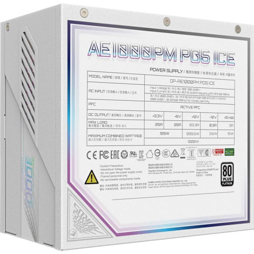 Блок питания Gigabyte ATX 1000W GP-AE1000PM PG5 ICE Gen.5 80+ platinum (20+4pin) APFC 120mm fan 8xSATA Cab Manag RTL [GP-AE1000PM PG5 ICE]