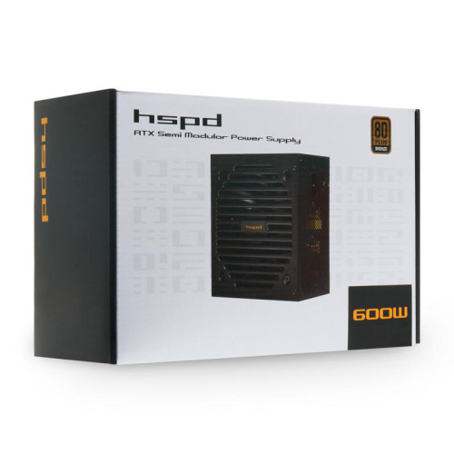 Блок питания/ Power Supply HSPD, 600W 80+ Bronze (ATX, 2.31, Semi-modular, 1x24(20+4)pin 550mm, 1xCPU*2 8(4+4)pin 600+150mm, 1xPCIe*2 8(6+2)pin 500+150mm, 2xSATA*3 400+150+150mm, 1xMOLEX4pin*3+FDD 400+150+150+150mm , Active, 120x120mm, 150x140x86mm, APFC,