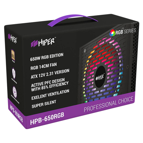 блок питания для ПК 650 Ватт/ PSU HIPER HPB-650RGB (ATX 2.31, 650W, ActivePFC, RGB 140mm fan, Black) 85+, BOX