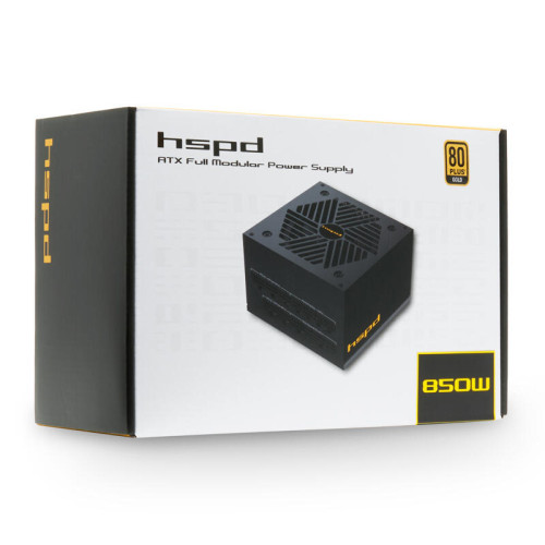 Блок питания/ HSPD, 850W 80+ Gold (ATX, 2.52, Full modular, 1x24(20+4)pin mesh 550mm, 1xCPU*2 8(4+4)pin 650+150mm, 2xPCIe*2 8(6+2)pin 500+150mm, 2xSATA*3 450+150+150mm, 1xMOLEX4pin*3 450+150+150mm , Active, 120x120mm, 150x140x86mm, APFC, OVP, UVP, SCP, OC