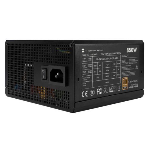 Блок питания ПК/ Power Supply Thermalright, 850W 80+ Gold (ATX, 3.0, PCIe 5.0, Non-modular, 1x24(20+4)pin, 1xCPU 8(4+4)pin, 2xPCIe*2 8(6+2)pin, 5xSATA3, 1x12+4pin (12VHPWR PCIe 5.0 12+4pin 600mm), 3xMOLEX4pin, Active, 120x120mm, 150x140x86mm, APFC, black)