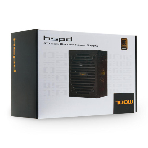 Блок питания/ Power Supply HSPD, 700W 80+ Bronze (ATX, 2.31, Semi-modular, 1x24(20+4)pin 550mm, 1xCPU*2 8(4+4)pin 600+150mm, 1xPCIe*2 8(6+2)pin 500+150mm, 2xSATA*3 400+150+150mm, 1xMOLEX4pin*3+FDD 400+150+150+150mm , Active, 120x120mm, 150x140x86mm, APFC,
