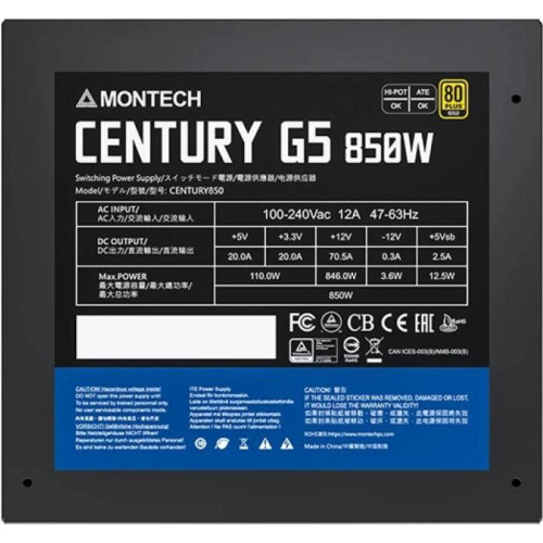 Блок питания Montech ATX 850W CENTURY GOLD G5 80+ gold (20+4pin) APFC 120mm fan 10xSATA Cab Manag RTL