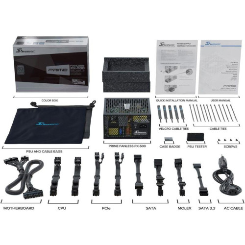 Блок питания Seasonic ATX 500W PRIME Fanless PX-500 80+ platinum 24pin APFC 8xSATA Cab Manag RTL [SSR-500PL]