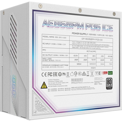 Блок питания Gigabyte ATX 850W GP-AE850PM PG5 ICE Gen.5 80+ platinum (20+4pin) APFC 120mm fan 8xSATA Cab Manag RTL [GP-AE850PM PG5 ICE]