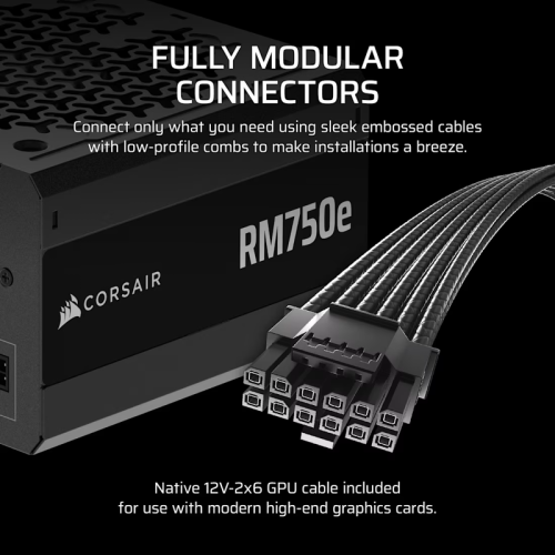 Блоки питания/ Power Supply Corsair RM750e, 750W 80+ Gold (ATX, 3.1, PCIe 5.1, Full modular, 1x24(20+4)pin, 2xEPS/ATX 12V 8-pin (4+4), 1x12V-2x6(12+4)pin, 2x12V-2x6 to Dual 8-Pin(6+2), 1xPCIe 8-Pin(6+2), 4xSATA (4 Straight SATA), 4xSATA / PATA (2 Straight